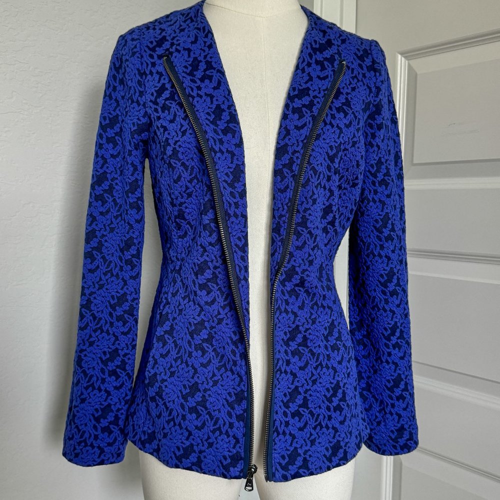 Isaac Mizrahi Live! Women's Sz XXS Knit Jacquard Zip-Front Jacket Royal-NWOT